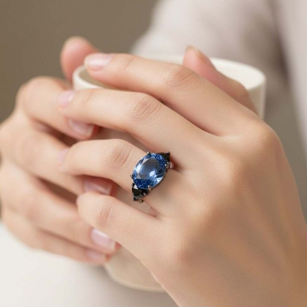 Unbranded Oval Blue Sapphire Three Stone Ring Size 7 Black Rhodium Gothic